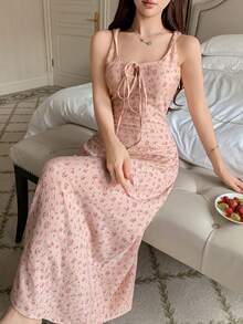 DAZY Vestido Floral Miúdo Sem Mangas com Cintura Marcada, Vestido Casual de Verão Feminino Pijama - Rosa Bebê - Visão 3