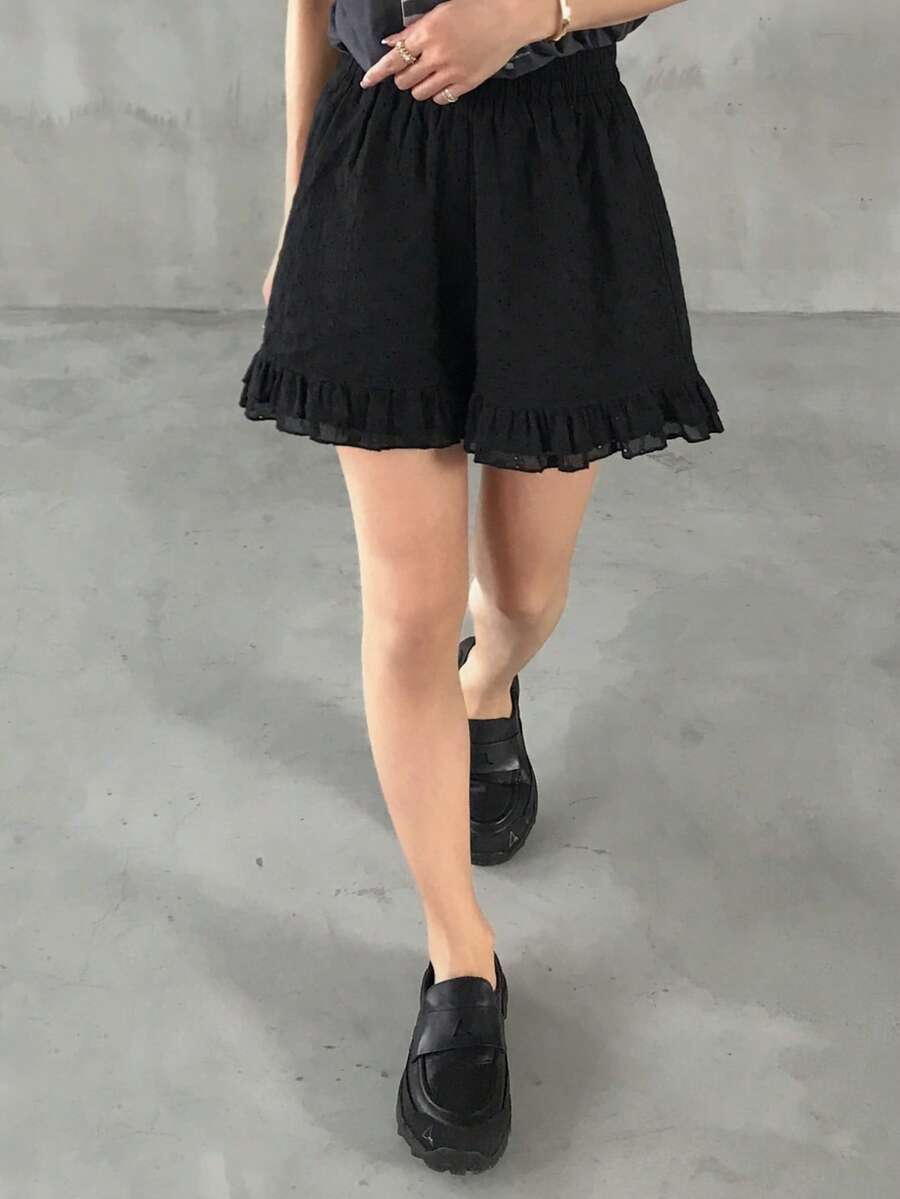 FRIFUL Women's Summer Casual Mesh Embroidered Ruffle Hem Shorts - Black - View 1