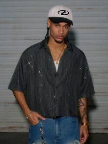 AXEPEAK S017# Men's Grey Rhinestone Decor Single-Breasted Short Sleeve Shirt - Dark Grey - View 4