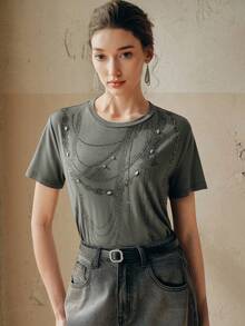 Anewsta Women's Heavy Chain Print Rhinestone Embellished T-Shirt - Grey - View 5