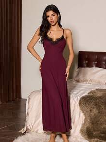 Slumberist Women's Sexy Lace Patchwork Backless Hollow Out Camisole Nightgown Sexy Nightgown Long Night Dress Long Lingerie Dress Spaghetti Strap Nightgown Lace Night Gown - Purple - View 3