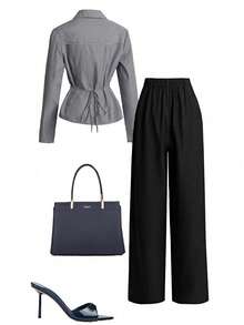 Franclia New Stylish Striped Oblique Button Shirt And Straight Leg Pants Set - Black - View 5