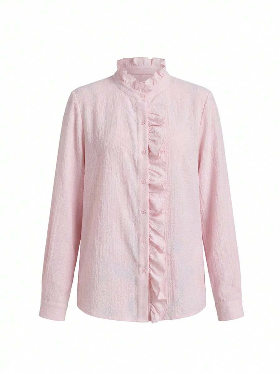 LOTSLUV Women's Pink Mandarin Collar Ruffle Trim Long Sleeve Loose Vintage Textured Blouse - Baby Pink - View 1