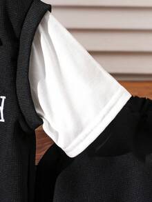 Mirajuku 2pcs/Set Boys' Casual Contrast Color Patchwork Textured Polo Shirt And Shorts Set, Suitable For Daily, Commute And School Wear - Black and White - View 3