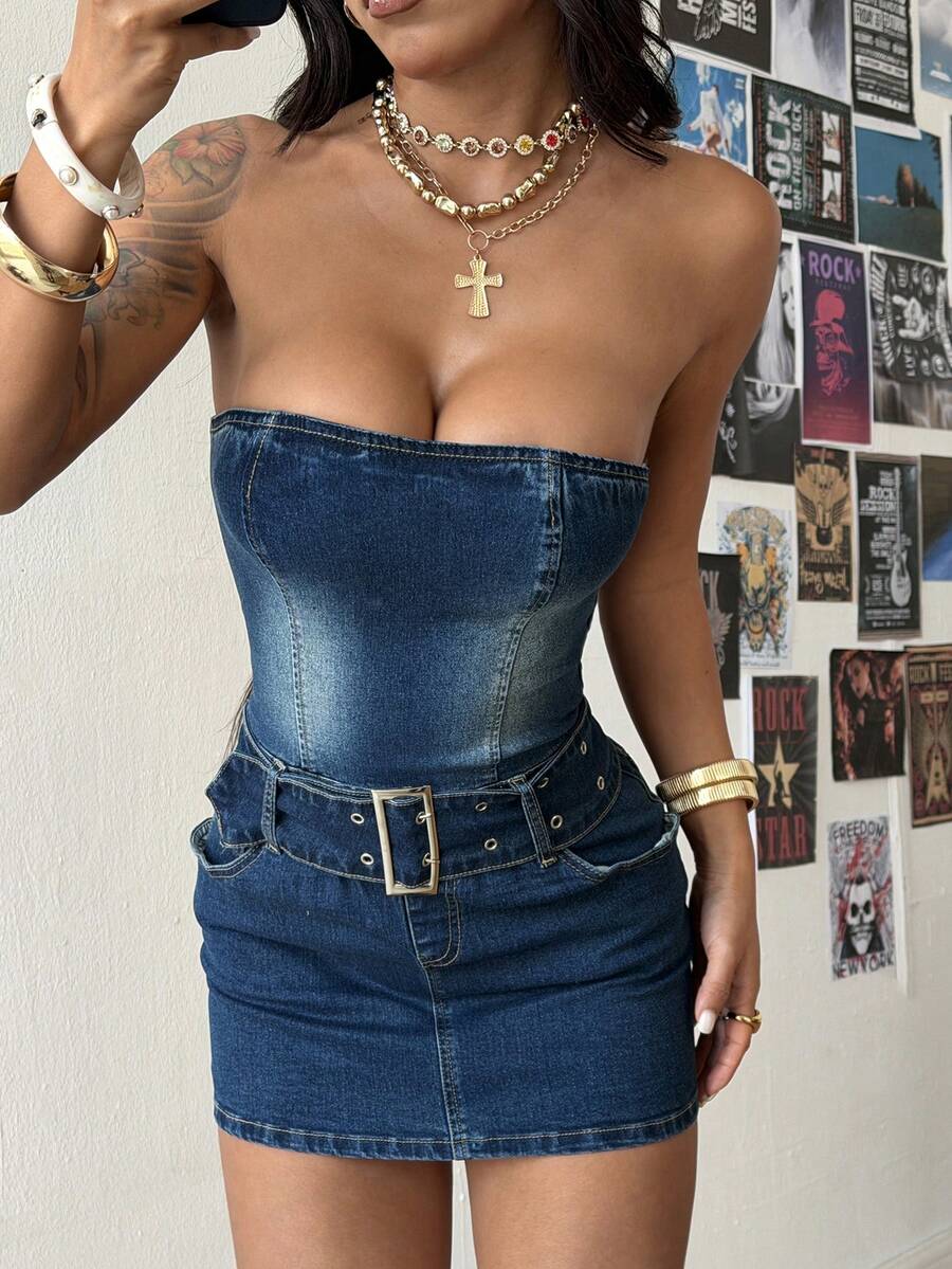 StreetHx Y2K Fashion Sexy Street Style Leather Belt Denim Camisole Dress - Medium Wash - View 1