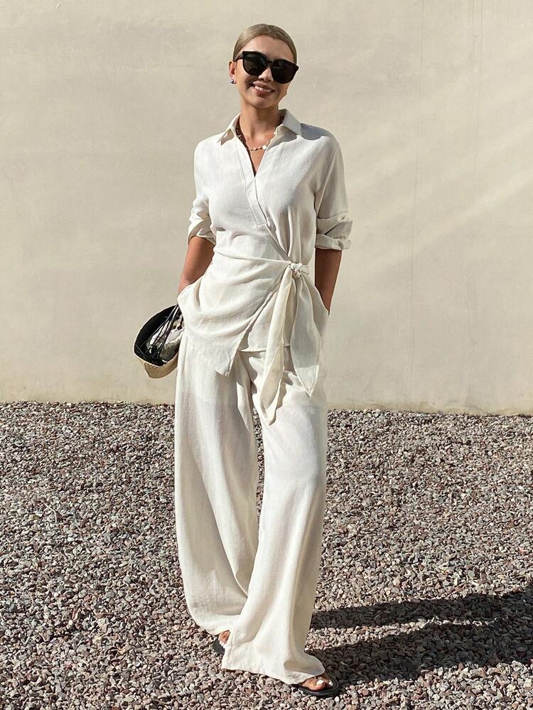 2pcs Women Casual Vacation Tie-Waist Loose Shirt Top And Straight Leg Pants Set, Spring/Summer