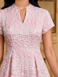 SHEIN Lady Women's Elegant Jacquard Cutout Neck Waist Midi Dress, Summer - Pink - View 6