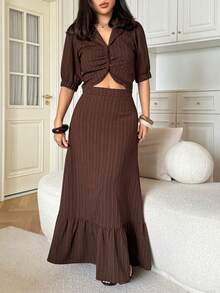 DAZY Women's Casual Striped Puff Sleeve Shirt And Skirt 2 Pieces Set, Summer - Coffee Brown - View 1