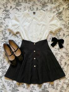 SHEIN MOD Plus Size Kawaii White Lace Blouse Puff Sleeve Peter Pan Collar Shirt Cute Preppy Style Spring Summer Top - White - View 3