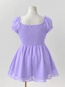 Sunspun 大码纯色荷叶边短袖衬衫 - 紫色 - 查看 2