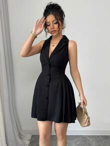 SHEIN PETITE New Casual Elegant Vacation Beach Party Deep V-Neck Sleeveless Waist-Cinched Black Mini Dress For Women, Spring/Summer - Black - View 4