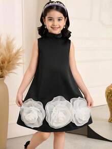 Elladie kids 年轻女孩花卉装饰撞色无袖优雅连衣裙 - 黑色 - 查看 3