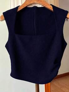 Resyla 新款方领无袖休闲衬衫，适合大码女性 - 藏蓝色 - 查看 5