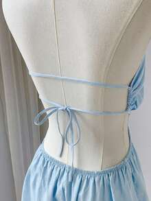 Comfortcana Mono de lino con cortes laterales, cintura fruncida y abdomen descubierto para el verano - Celeste - Ver 6