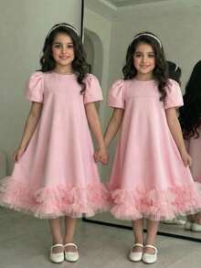 SHEIN Girls Cute Pink Polyester Round Neck A Line Midi Dress With Puff Sleeves Perfect For Church, Young Girls - Pink - View 1