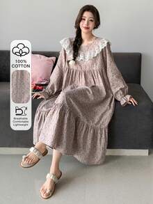 DAZY Floral Lace Ruffle Trim Loose Long Women Nightgown - Pink - View 4