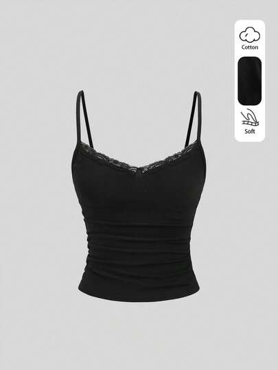 Sweetra Elegant French Commuter Romantic Retro Girly Sexy Y2K Chic Minimalist Versatile College Vacation Casual Street Home Date Shopping School Work Party Music Festival Versatile Black V-Neck Lace Patchwork Ruched Women Camisole Cami Top, Spring/Summer/Autumn/Winter