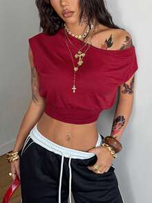 Coolane Women's Spring/Summer Concert Streetwear Rave Sport Homecoming Daily Wear Basic Casual Y2K Stretchy Asymmetrical Neck Cropped T-Shirt - Burgundy - View 5