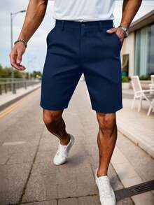 Manfinity Homme Men's Solid Color Pocket Loose Casual Versatile Shorts - Navy Blue - View 3