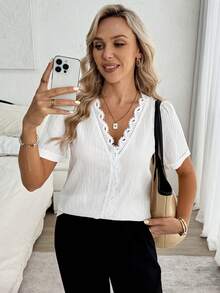 Louniche Women's Casual Versatile Pure White V-Neck Lace Patchwork Puff Sleeve Blouse, Spring/Summer - White - View 6