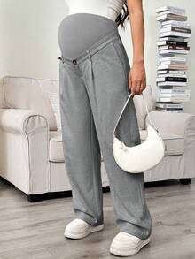 SHEIN Pantalones casuales sueltos con pliegues y cintura ajustable de unicolor para maternidad - Gris Claro - Ver 4