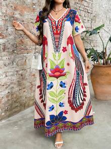 EMERY ROSE Plus Size Women's Printed Round Neck Short Sleeve Dress, Elegant And Suitable For Everyday Wear - Multicolor - View 3