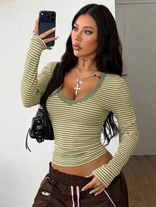 Coolane 女士秋季四季皆宜的Grunge风日常外出灰色和黑色条纹针织V领长袖T恤 - 綠色 - 查看 3