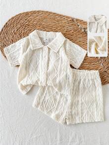 SHEIN 新生儿休闲日常针织提花衬衫套装，包含一件短袖上衣和一条松紧腰短裤，两件套，舒适透气，适合户外玩耍或居家穿着，是百搭的夏季服装。 - 白色 - 查看 8