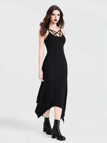 Breakform Đầm nữ phong cách Gothic gợi cảm khoét rỗng hình ngôi sao năm cánh, dây đeo có thể điều chỉnh, vạt áo bất đối xứng, ôm sát. - màu đen - Xem 5
