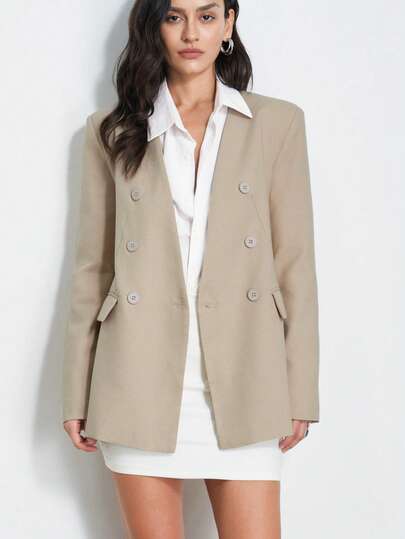 Aveloria Modichic Meticulously Crafted, Beige Toned, Minimalist & Modern, Suitable For Formal Workplace, Double-Breasted Design, Suit Collar, Flap Pocket Details, Slim Straight Fit, Long Sleeve, High-Elasticity Blended Fabric, Refined Texture, Crisp & Structured, Comfortable, Ideal For Business Meetings, Daily Office, Formal Occasions, Job Interviews And Business Negotiations, Showcasing Competence And Professionalism. Women's Double-Breasted Collarless Long Sleeve Loose Blazer Women Blazer Women's Blazer Suit Jacket For Women Business Clothes Women Dress Jacket