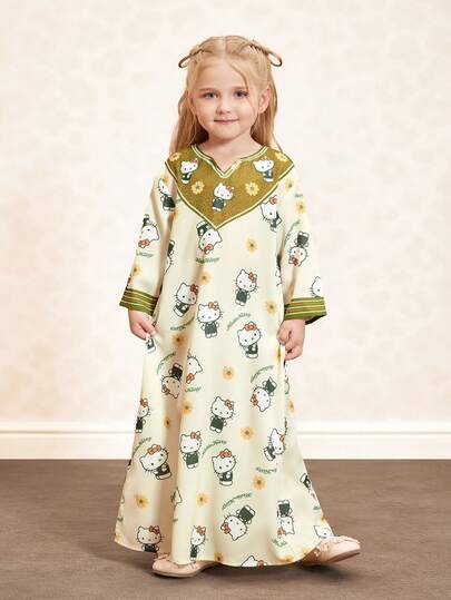 HELLO KITTY AND FRIENDS | SHEIN 少女可爱卡通字母印花V领宽松连衣裙，适合春秋季穿着