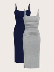 SHEIN EZwear 2件套女士夏季针织修身吊带连衣裙 - 藏蓝色 - 查看 10