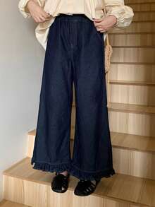 DAZY 女士宽松荷叶边下摆休闲百搭牛仔裤，适合所有季节 - 藍色 - 查看 3