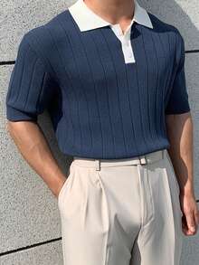 DAZY Polo de manga corta de punto con cuello de parche azul y blanco para hombre, verano - Multicolor - Ver 1