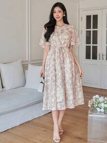 DAZY 女士优雅印花立领抽绳中长连衣裙，夏季 - 粉色 - 查看 3