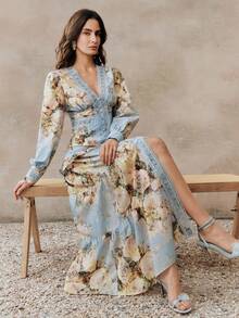 Anewsta Đầm maxi dài tay cổ chữ V thanh lịch, họa tiết hoa, phối ren và bèo nhún, thích hợp cho mùa xuân/hè. - Màu xanh lam - Xem 1