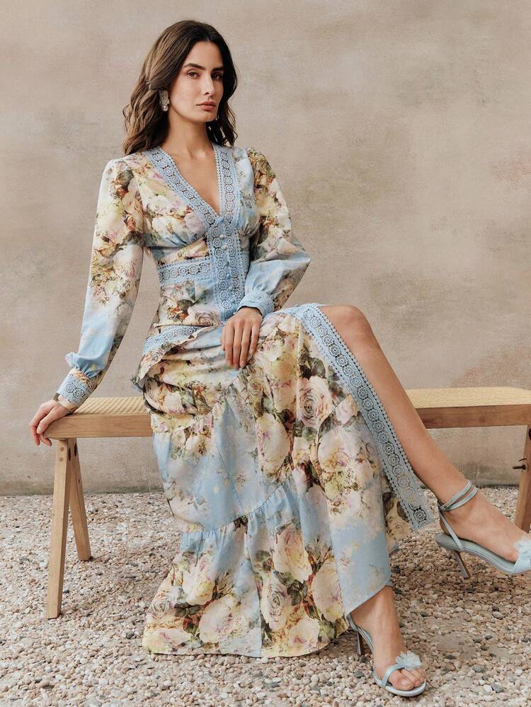 Elegant V-Neck Long Sleeve Floral Print Lace Patchwork Ruffle Hem Maxi Dress, Spring/Summer