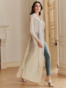 Anewsta 女士新款修身优雅蕾丝风衣 - 杏色 - 查看 3