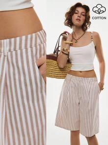 Poéselle Casual Women's Striped Woven Fabric Bermuda Shorts With Pockets - Blue - View 2