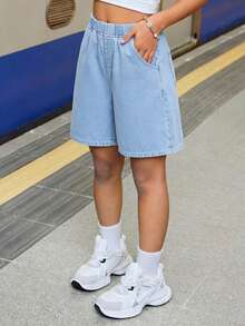 Tween Girls Y2K Spring Summer Break Casual Elastic Waist Baggy Soft Denim Long Jeans Shorts,Girls Summer Beach BohO Vacation Concert Rave Outfits,Spring Summer Clothes,Girls Back To School Homecoming Jeans,Summer Holiday Outfits ,Spring Clothes Outfit,Beach Outfits For Women,Vacation Outfits Women,Valentine's Day Outfit - Medium Wash - View 4