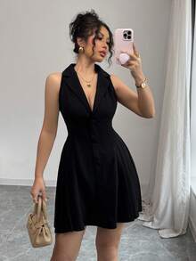SHEIN PETITE New Casual Elegant Vacation Beach Party Deep V-Neck Sleeveless Waist-Cinched Black Mini Dress For Women, Spring/Summer - Black - View 6