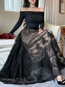 DAZY Women's Lace Patchwork A-Line Long Skirt, Elegant Skirt - Black - View 1