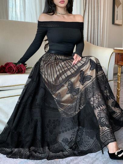 DAZY Women's Lace Patchwork A-Line Long Skirt, Elegant Skirt