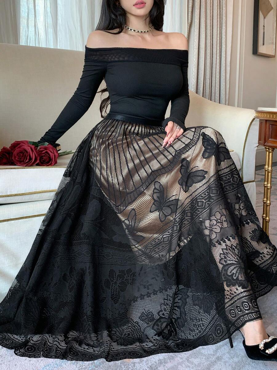 DAZY Women's Lace Patchwork A-Line Long Skirt, Elegant Skirt - Black - View 1