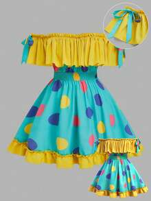 Sweetra Vestido de talla grande con volantes en el bajo y hombros descubiertos con estampado de lunares de colores - Azul - Ver 1