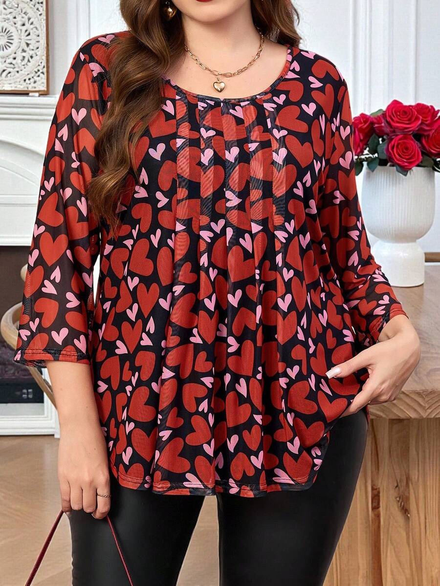 EMERY ROSE Áo kiểu nữ cỡ lớn tay lỡ in hình trái tim đỏ, thích hợp cho mùa hè/Ngày lễ tình nhân, kỳ nghỉ xuân, lễ tình nhân, kỳ nghỉ, đi chơi, mẫu mới năm 2026, đơn giản và thời trang cho mặc hàng ngày, thanh lịch thường ngày, dự tiệc. - Nhiều màu - Xem 1