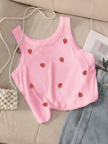 SuriyaCove Strawberry Embroidered Women's Round Neck Camisole - Pink - View 3