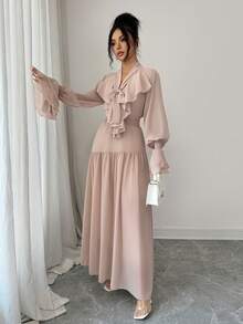 Modelyn Women's Ruffle Hem Long Dress With Unique Design - Dusty Pink - View 4