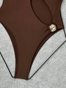SHEIN Swim 1pc Solid Color Hollow Out Asymmetric Metal Decor Swimsuit For Women Holiday Beach Party Pool Party Chocolate Brown Summer - Brown - View 6