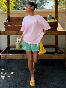 Veykashi Áo thun tay ngắn cổ tròn in hình tôm cỡ lớn, kiểu dáng rộng rãi thoải mái, phù hợp cho kỳ nghỉ biển. - Màu Hồng baby - Xem 6